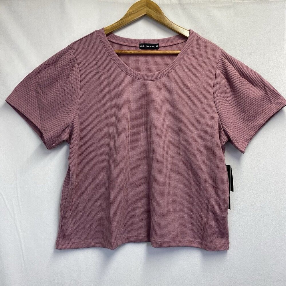 Zoe + Phoebe Short Puff Sleeve Round Neck Waffle Knit Top Women XL Mauve NWT